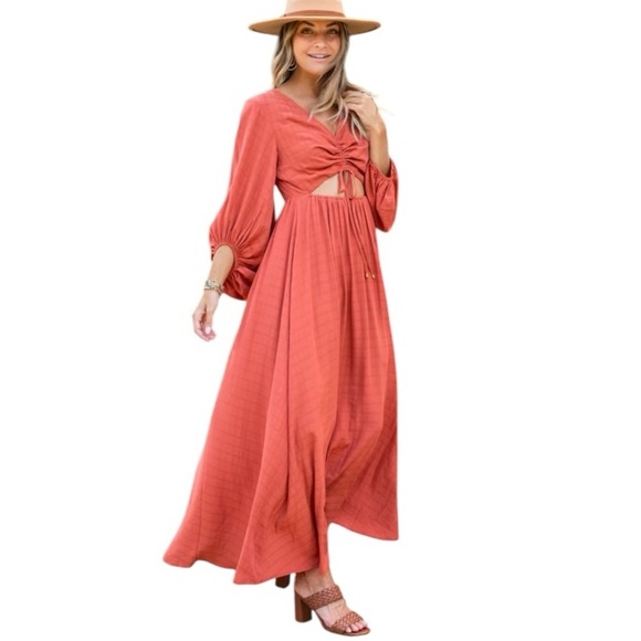 ENTRO Boho Maxi Length Cinched Bust Front Cutout along Balloon Sleeve Dress - Picture 1 of 9